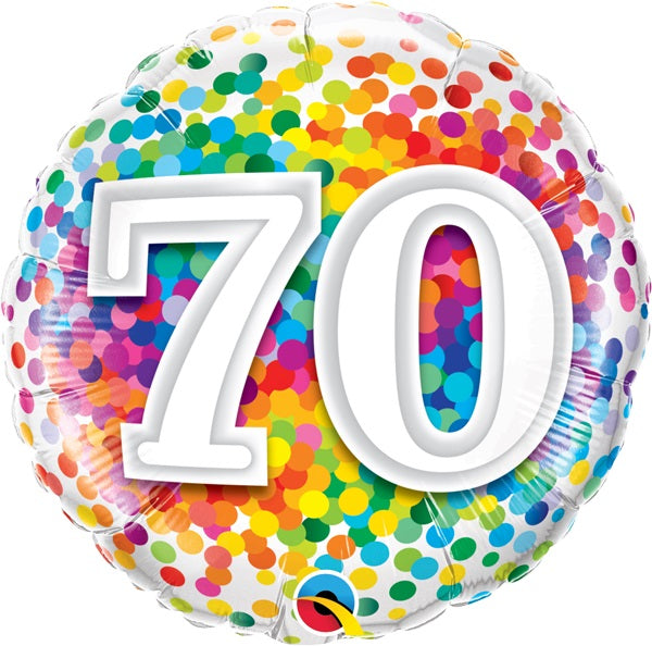 Milestone Rainbow Dots 70th Birthday Balloon with Helium