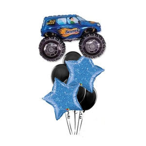 Blue Monster Truck Birthday Balloon Bouquet with Helium and Weight