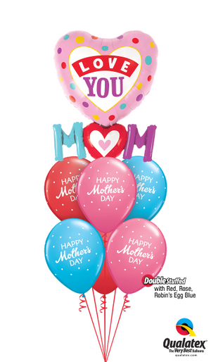 Mothers Day Love You Mom Heart Polka Dots Balloon Bouquet