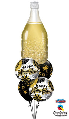 New Year Gold Champagne Bottle Stars Balloon Bouquet