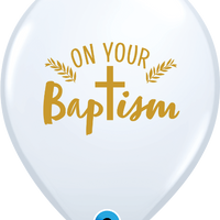 11 inch On Your Baptism Cross White Balloons with Helium and Hi Float