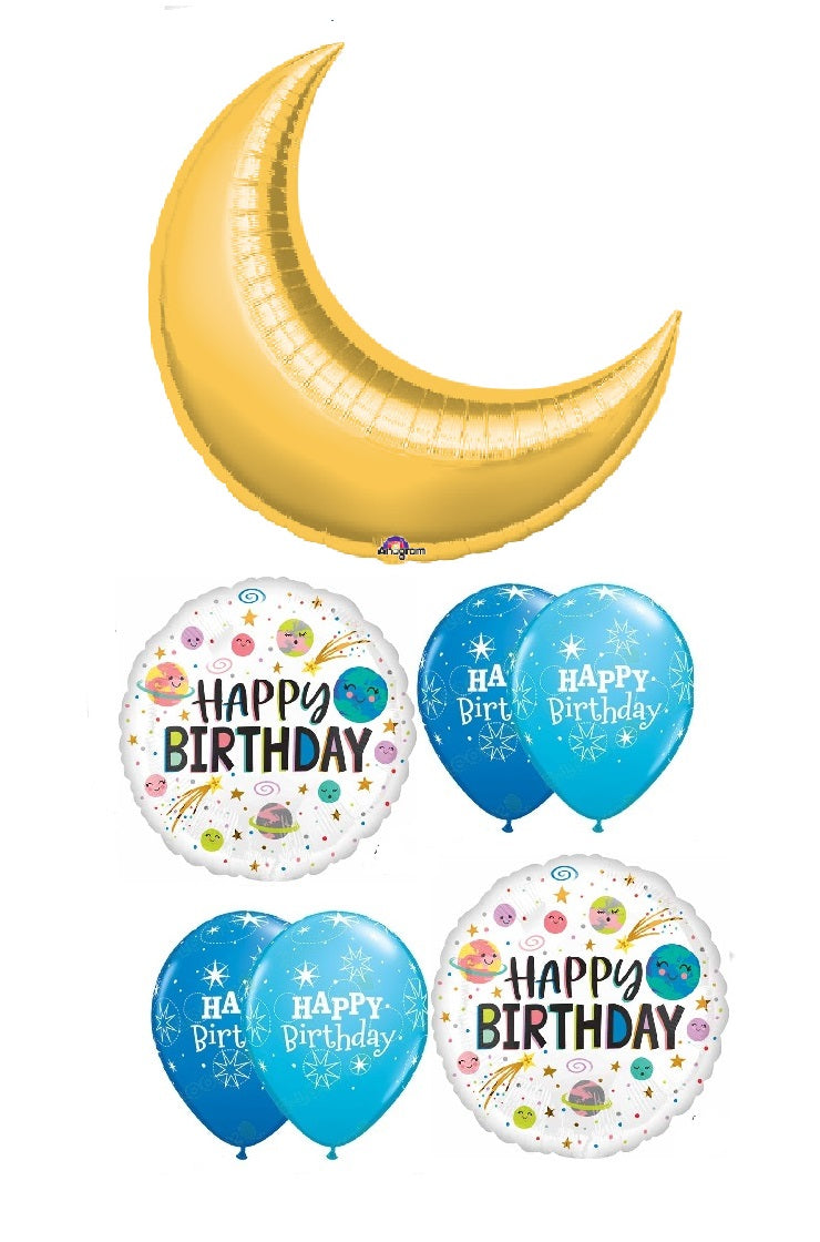 Outer Space Gold Moon Birthday Balloon Bouquet with Helium and Weight