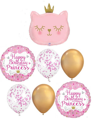 Princess Cat Birthday Balloon Bouquet with Helium and Weight