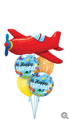 Red Airplane Happy Birthday Balloon Bouquet with Helium and Weight