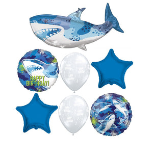 Blue Shark Happy Birthday Balloon Bouquet with Helium and Weight
