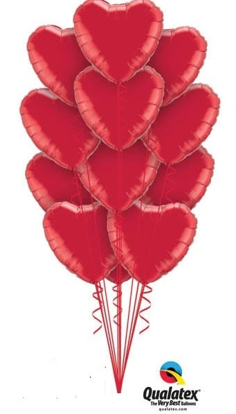 Solid Colour Red Hearts Foil Balloon Bouquet of 12 with Helium Weight