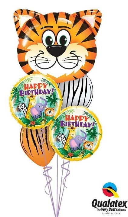 Jungle Tiger Happy Birthday Balloon Bouquet with Helium and Weight