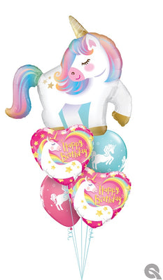 Unicorn Pastel Heart Birthday Balloon Bouquet with Helium and Weight