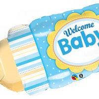 Welcome Baby Blue Bottle Shape Foil Balloon with Helium and Weight