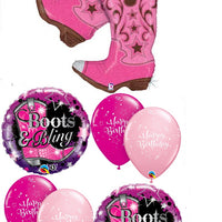 Western Pink Boots Bling Birthday Balloon Bouquet with Helium Weight