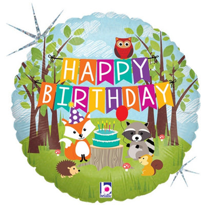 18 inch Woodland Critters Happy Birthday Foil Balloon with Helium