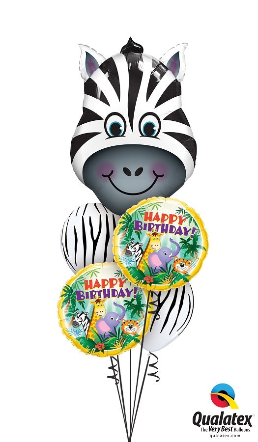 Jungle Zebra Head Birthday Balloon Bouquet with Helium and Weight