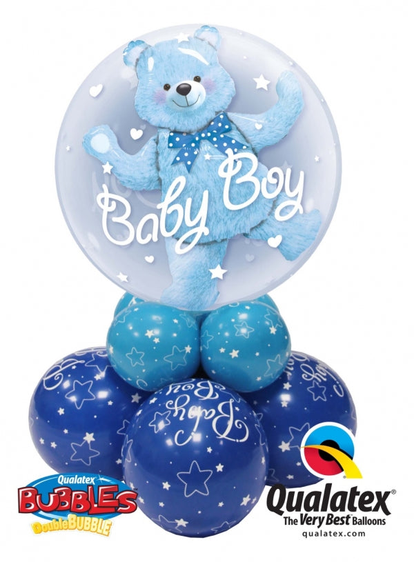24 inch Baby Boy Blue Teddy Bear Double Bubble Balloon Centerpiece