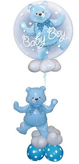 Baby Boy Blue Bear Double Bubble Balloon Bouquet Stand Up