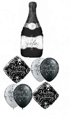 Birthday Elegant Black Champagne Balloon Bouquet with Helium Weight