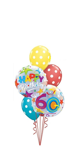 60th Birthday Stars Polka Dots Balloon Bouquet with Helium and Weight