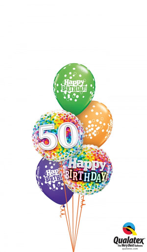 50th Birthday Rainbow Dots Balloon Bouquet with Helium and Weight
