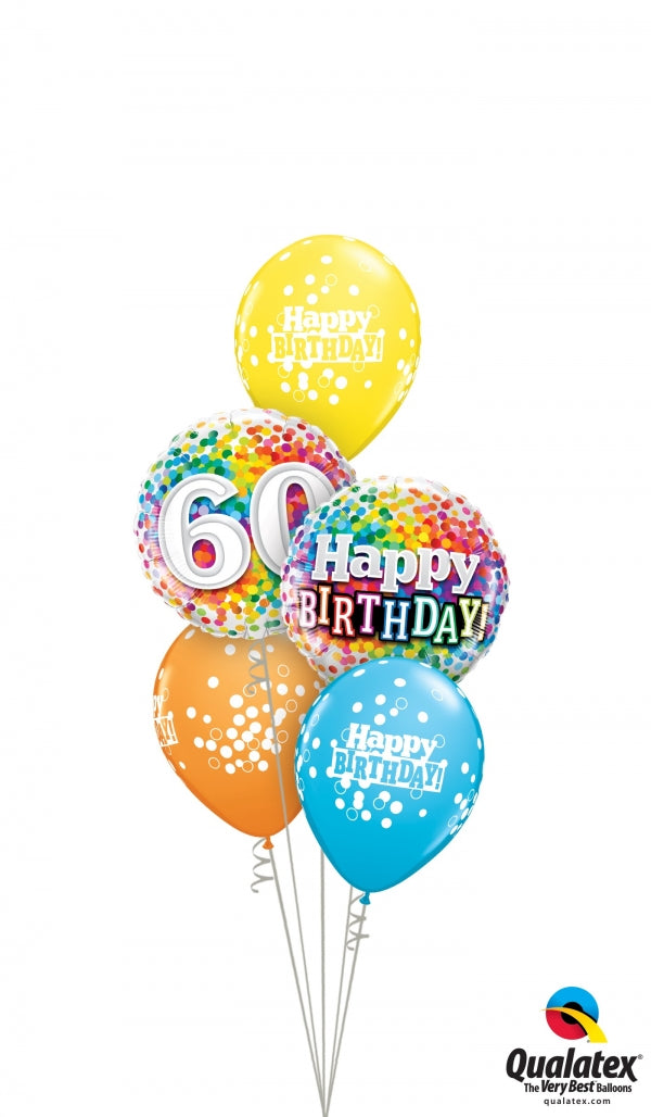 60th Birthday Rainbow Dots Balloon Bouquet with Helium Weight