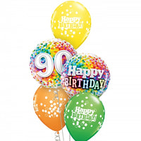 90th Birthday Rainbow Dots Balloon Bouquet with Helium and Weight