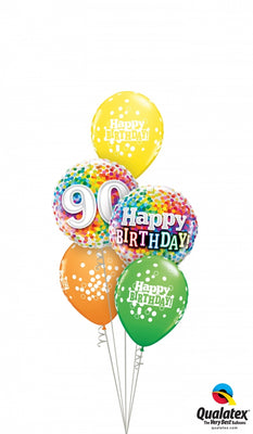 90th Birthday Rainbow Dots Balloon Bouquet with Helium and Weight