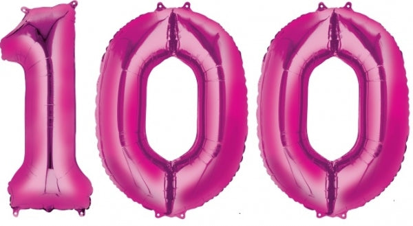 34 inch Jumbo Hot Pink 100 Number Foil Balloons with Helium and Weight