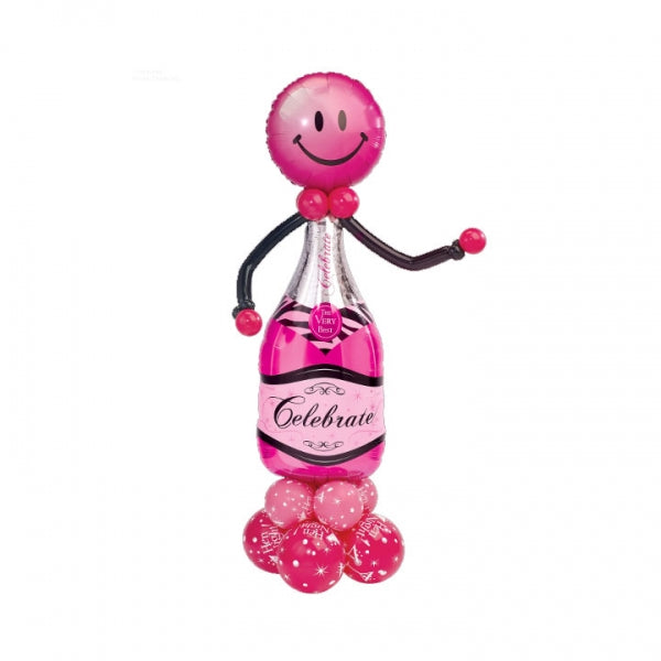 Birthday Pink Champagne Bottle Smiley Balloon Stand Up