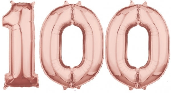 100 Rose Gold Jumbo Number Balloons with Helium and Weight